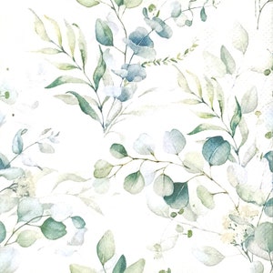 S639# 3 pezzi di PICCOLI tovaglioli di carta singoli per decoupage, tessuto artigianale formato cocktail, motivo a ramoscelli di foglie di eucalipto verde pastello