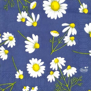 S625# 3 pezzi di tovaglioli di carta singoli PICCOLI per decoupage, formato cocktail in tessuto artigianale, motivo a margherite bianche su sfondo blu scuro