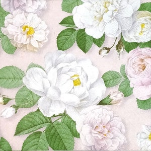 S756 # 3 petites serviettes en papier simples pour découpage format cocktail, papier de soie artisanal, motif fleurs roses blanches rose pastel