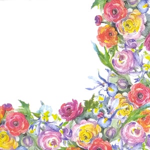 Z073# 3 pezzi di PICCOLI tovaglioli di carta singoli per decoupage, tessuto artigianale formato cocktail, cornice angolare con fiori primaverili e fiori di iris su bianco