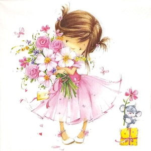 M166# 3 pezzi di tovaglioli di carta singoli per decoupage, fazzoletti artigianali, ragazza con vestito rosa e mazzo di fiori, simpatico topo con fiore