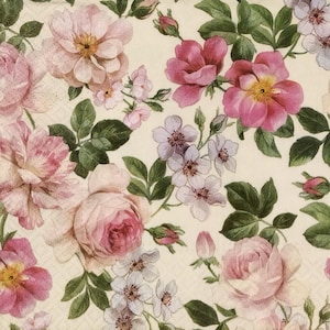 P062# 3 pezzi di tovaglioli di carta singoli per decoupage, fazzoletti artigianali, motivo di fiori di rose dipinte rosa