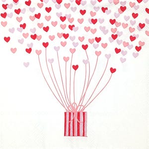 U294# 3 pezzi di tovaglioli di carta singoli per decoupage, carta velina artigianale con mini cuori rossi e rosa su filo collegati a un regalo di San Valentino su bianco