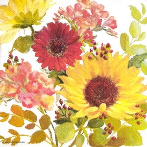 P594# 3 piezas de servilletas de papel individuales para decoupage, pañuelos artesanales, patrón de flores de girasol rojo y amarillo sobre fondo blanco
