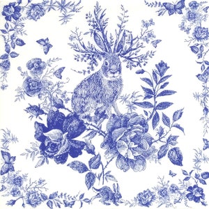 R940 # 3 Stück Servietten einzeln für Decoupage, Bastelpapier, blau weiße Delfter Rosen und Hase mit Geweih auf weißem Hintergrund