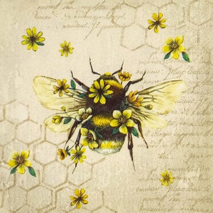 R199 # 3 Stück einzelne Papierservietten für Decoupage, Bastelpapier, Hummel Insekt Auf Schrift, Gelbe Gänseblümchen Blumen Und Wabenmuster