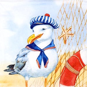 U383# 3 pezzi di tovaglioli di carta singoli per decoupage, carta velina, divertente gabbiano in riva al mare con berretto blu e bianco