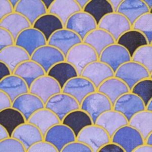 Puede incluir: Un patrón repetitivo de semicírculos superpuestos en tonos azul oscuro, azul medio y morado claro. Cada semicírculo presenta una textura estilo acuarela y está delineado por un borde fino y distintivo de color amarillo brillante.