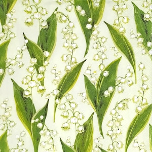 T853# 3 Pieces Of  Single Paper Napkins for Decoupage, Craft Tissue, Lily Of The Valley Flowers Meadow Pattern On Light Green Background