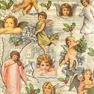 Q534# 3 serviettes en papier pour découpage, papier de soie artisanal, anges vintage, arbre de Noël, baies de houx, motif notes de musique