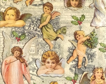Q534# 3 Stück einzelne Papierservietten für Decoupage, Stoffgewebe, Vintage Engel, Weihnachtsbaum, Musiknoten Muster