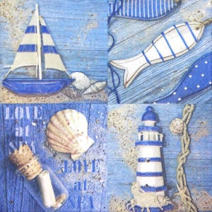 M197# 3 serviettes en papier pour découpage, papiers peints, carreaux bleus, photos de la mer, phare, bateau, coquillages