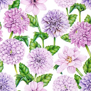 T019 # 3 serviettes en papier pour découpage, papier de soie artisanal, chrysanthèmes violets roses motif fleurs dahlia sur blanc