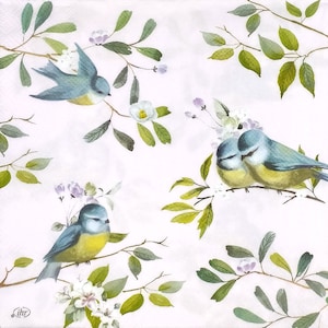 T536# 3 serviettes en papier pour découpage, papier de soie artisanal, mésanges et brindilles vertes sur fond rose clair