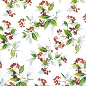 May include: White background with a repeating pattern of watercolor-style branches. The branches have green leaves and clusters of small, red berries. The design is delicate and evokes a natural, botanical theme.