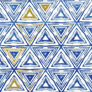 May include: Geometric pattern featuring a repeating design of blue and gold triangles on a white background. The triangles are outlined with textured lines, creating a visually interesting and modern aesthetic. The design is suitable for various applications.