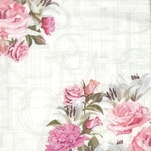 Z098# 3 pezzi di tovaglioli di carta PICCOLI per decoupage, formato cocktail in carta velina, fiori di rosa rosa con angoli su lettere in filigrana