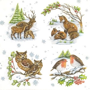 P760# 3 piezas de servilletas de papel individuales para decoupage, pañuelos artesanales, mini imágenes de animales y pájaros de invierno con ciervos, zorros, búhos, liebres y osos