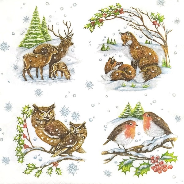 P760# 3 serviettes en papier simples pour découpage, papier peint artisanal, mini-images d'animaux et d'oiseaux en hiver avec cerf, renard, hibou, lièvre, ours