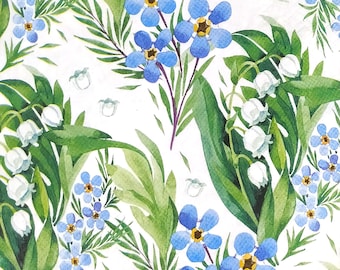 R143# 3 Pieces Of  Single Paper Napkins for Decoupage, Craft Tissue, Lily Of The Valley And Blue Forget-me-not Flowers Pattern