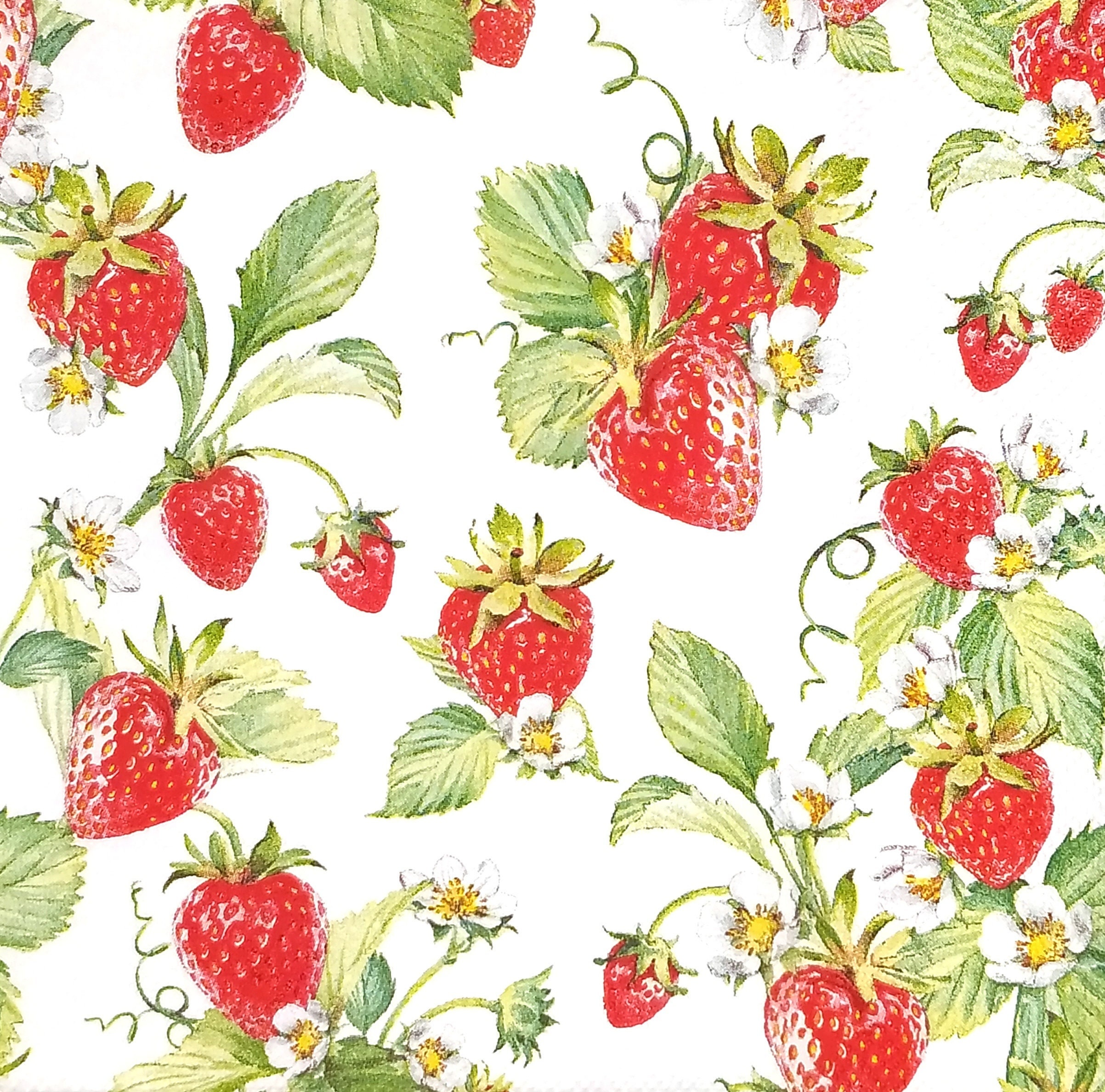 P757 3 Pieces Of Single Paper Napkins for Decoupage, Craft Tissue, Red Strawberry Berry And Green Leaves Pattern