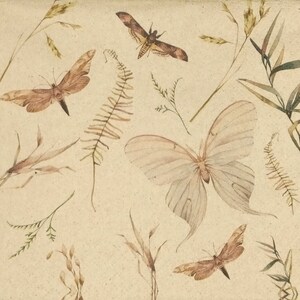 Q654 # 3 serviettes en papier recyclé à l'unité pour décoration, papier peint artisanal, motif papillon, insectes et herbe sur fond kraft marron