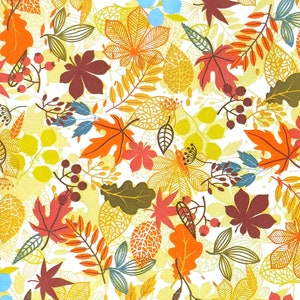May include: A colourful repeating pattern of autumn leaves in shades of orange, yellow, red, and brown. The design features various leaf shapes and sizes, with some berries and small blue accents, all set against a white background.