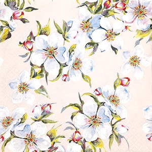 U331 # 3 serviettes en papier pour découpage, papier peint artisanal, fleurs de cerisier roses, motif brindilles sur crème