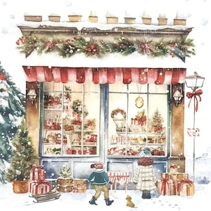 U003# 3 pezzi di tovaglioli di carta singoli per decoupage, fazzoletti artigianali, negozio di regali di Natale con bambini slitta e cane che guardano attraverso la finestra