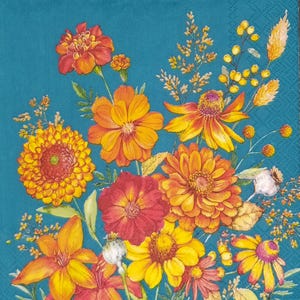 U106# 3 pezzi di tovaglioli di carta singoli per decoupage, fazzoletti artigianali, fiori di dalia autunnale arancione dipinti su sfondo blu acqua