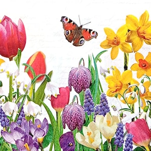 Z205# 3 pezzi di tovaglioli di carta singoli PICCOLI per decoupage, formato cocktail in carta velina, fiori primaverili, tulipani, narcisi, prato con farfalla