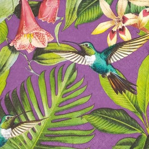T897# 3 stuks enkele papieren servetten voor decoupage, knutselpapier, groene kolibrie met exotische bloemen en bladeren op paars
