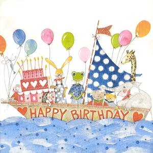 R300 # 3 Stück einzelne Papierservietten für Decoupage, Bastelgewebe, Geburtstagssegelschiff Boot mit Luftballons Kuchen und Tiere Frosch Hase Giraffe