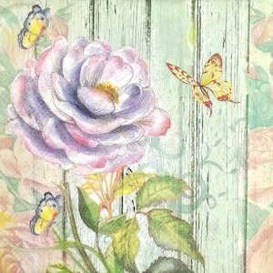 M128 # 3 serviettes en papier pour découpage, papier de soie artisanal, motif d'impression sur bois, papillons, fleurs violettes