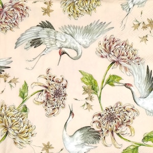 R249# 3 pezzi di tovaglioli di carta singoli per decoupage, fazzoletti artigianali, uccelli bianchi volanti con motivo di fiori di crisantemo su rosa
