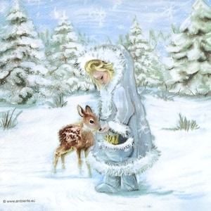 P383 # 3 Stück Servietten einzeln für Decoupage, Basteltücher, Mädchen mit Hirsch im Winterwald Lichtung Feld