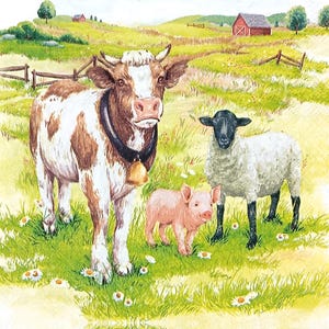 U349# 3 pezzi di tovaglioli di carta singoli per decoupage, carta velina, animali domestici - mucca, pecora, maiale in fattoria sull'erba verde