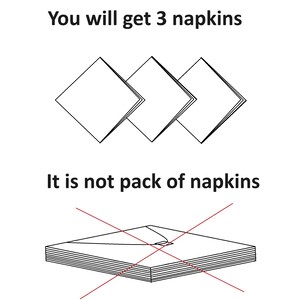 May include: Illustration of three napkins, with the text "You will get 3 napkins". A crossed-out image of a stack of napkins with the text "It is not pack of napkins".