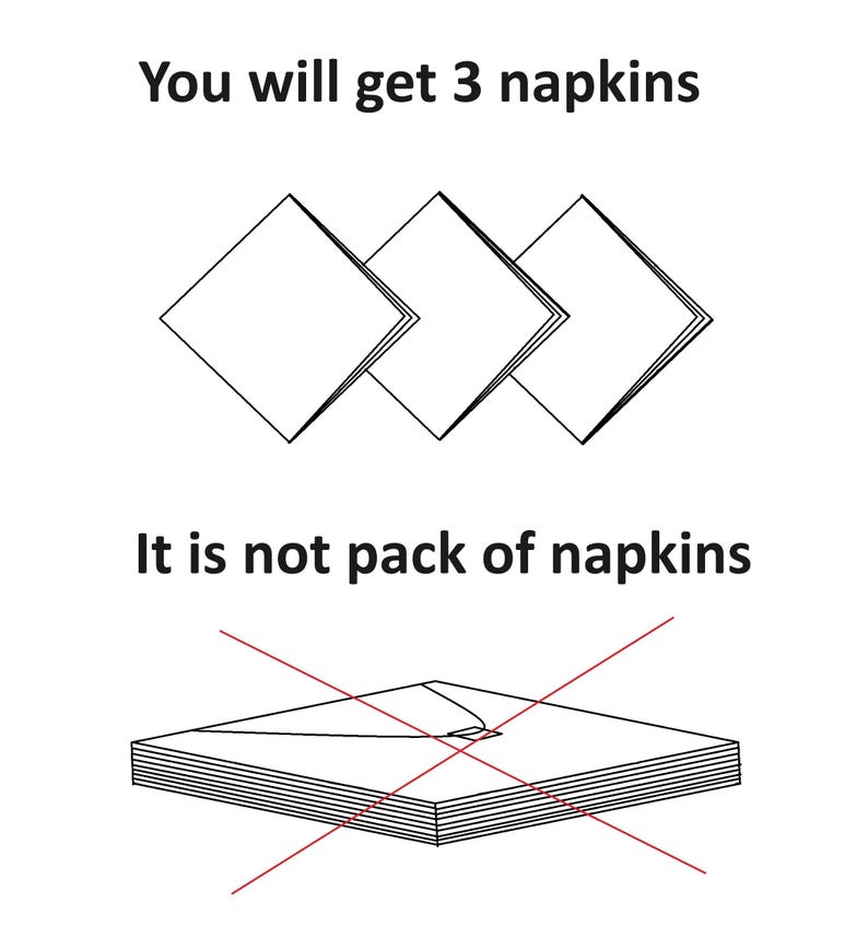 May include: Illustration of three napkins, with the text "You will get 3 napkins". A crossed-out image of a stack of napkins with the text "It is not pack of napkins".