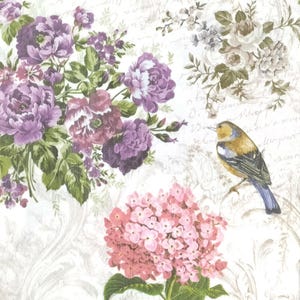 M239# 3 stuks enkele papieren servetten voor decoupage, knutselpapier, vogels op wit grijs patroon met paarsroze bloemen