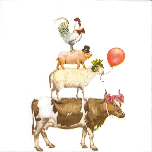 P973# 3 Pieces Of Single Paper Napkins for Decoupage, Craft Tissue, Tower Of Domestic Animals - Cow,  Sheep, Pig, Rooster