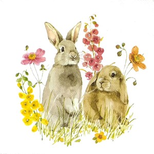 T445# 3 peças de guardanapos de papel individuais para decoupage, tecido artesanal, dois coelhos, lebre, casal, par, em, flor, prado