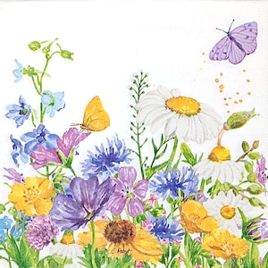 U394# 3 stuks enkele papieren servetten voor decoupage, knutselpapier, paarsgele madeliefjebloemen weide met vlinder