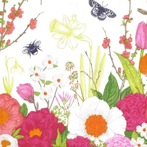 T716# 3 stuks enkele papieren servetten voor decoupage, knutselpapier, roodwitte lentebloemenweide, narcis, tulp, vlinder en bij