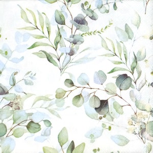Q954# 3 piezas de servilletas de papel individuales para decoupage, papel tisú artesanal, patrón de ramas de hojas de eucalipto variadas en colores pastel