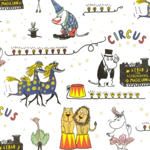 P563# 3 stuks enkele papieren servetten voor decoupage, knutselpapier, Moomin-trol op bezoek bij circuscollagepatroon op wit
