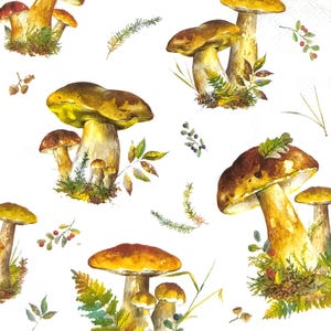May include: White background with a repeating pattern of watercolor mushrooms. The mushrooms have brown caps and yellow stems, with green foliage and berries scattered throughout the design. The overall theme is nature and the forest.