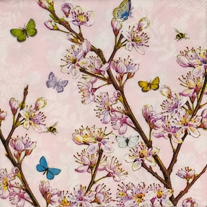 S553# 3 pezzi di PICCOLI tovaglioli di carta singoli per decoupage, tessuto artigianale formato cocktail, ramoscelli di fiori rosa primaverili su rosa