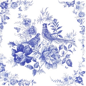 R939 # 3 Stück einzelne Papierservietten für Decoupage, Bastel-Taschentücher, Blau Weiße Delfter Rosen und Fasan Vögel auf weißem Hintergrund