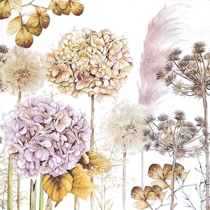 T865# 3 stuks enkele gerecycleerde papieren servetten voor decoupage, knutselpapier, paarsbruine droge grassen hortensia Glower Meadow-collage